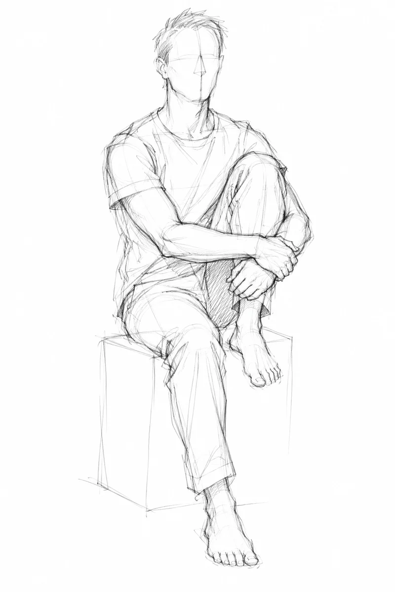 Ten-minute pencil study of a seated figure with clear contours and light hatching.