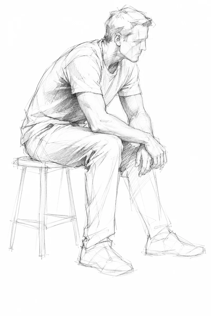 Developed but unfinished pencil study of a seated figure, with selective shading and visible construction lines.