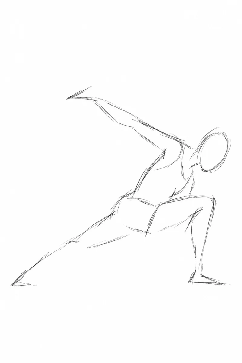 Sparse graphite action lines of a figure in a deep lunge.