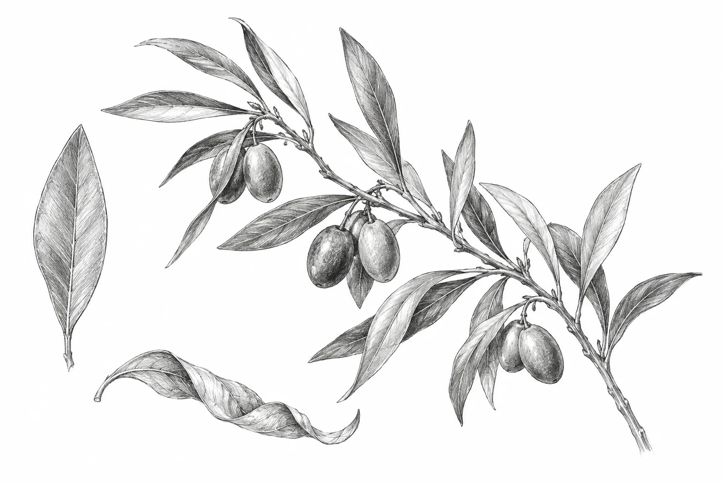 Freeform graphite studies of an olive branch and individual leaves.