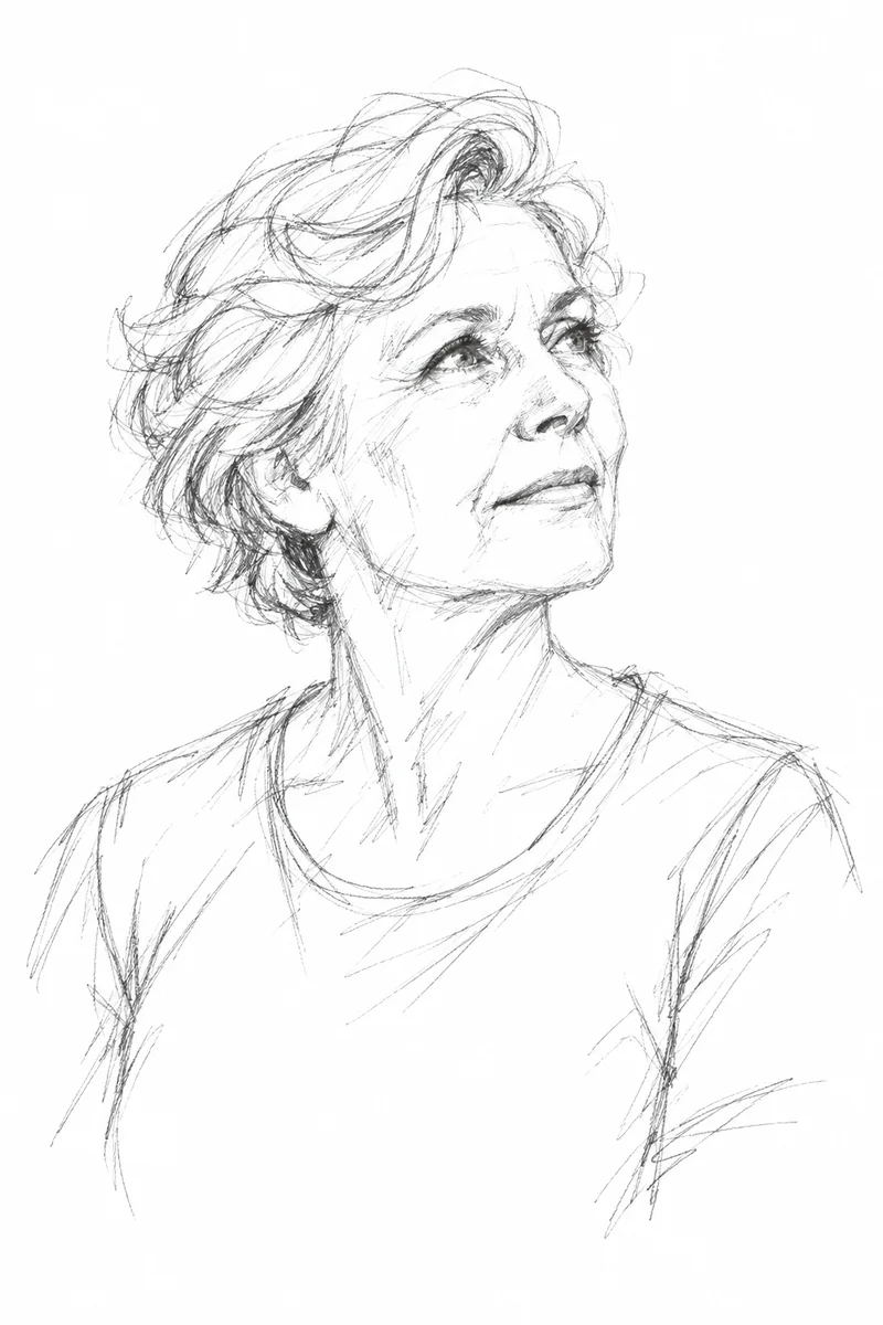 Loose unfinished pencil portrait of an older woman looking upward.