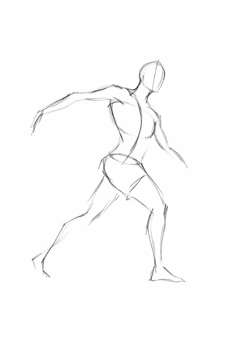 Loose action lines of a figure twisting to throw.