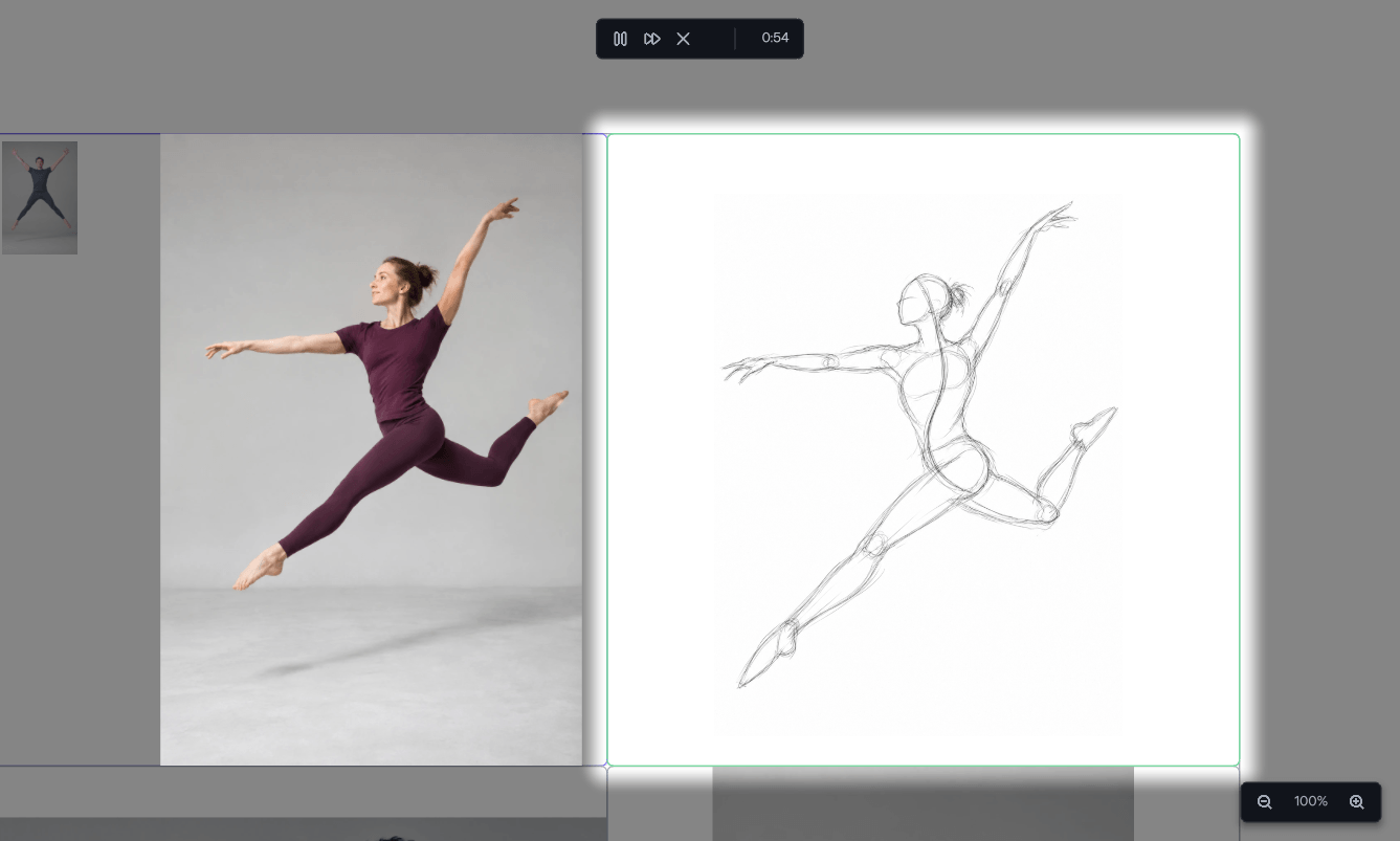 A timed Linehouse drawing session with a dancer reference beside a gesture sketch.
